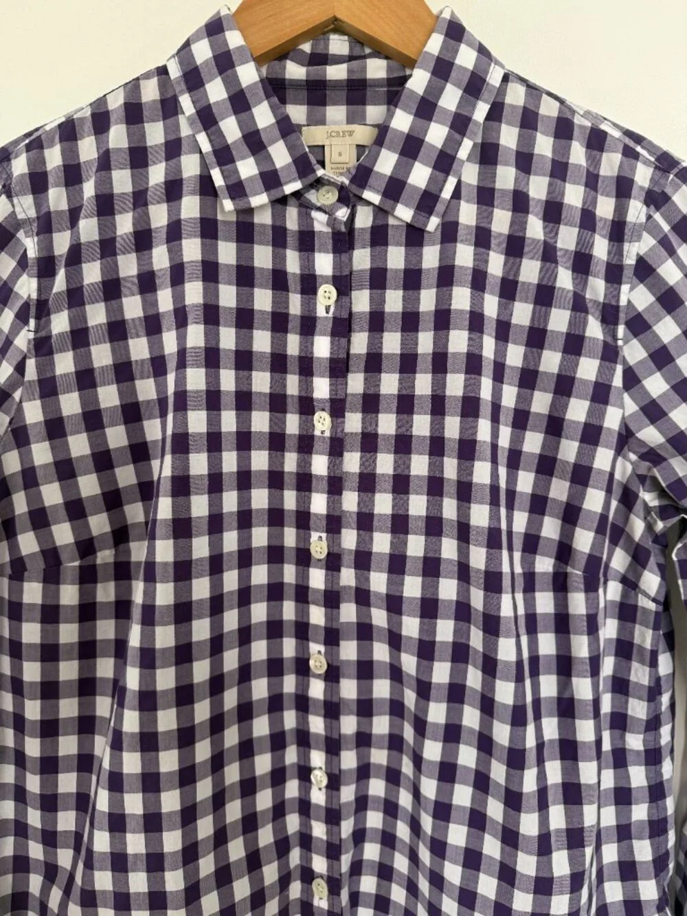 J.Crew Women’s Gingham Button Down Shirt Purple White 100% Cotton Size 8 Preppy